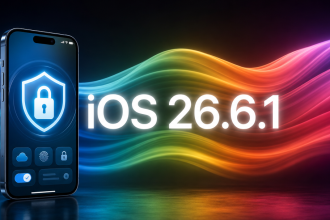 iPhone affichant un bouclier de sécurité avec cadenas, vagues colorées iOS, concept iOS 26.6.1