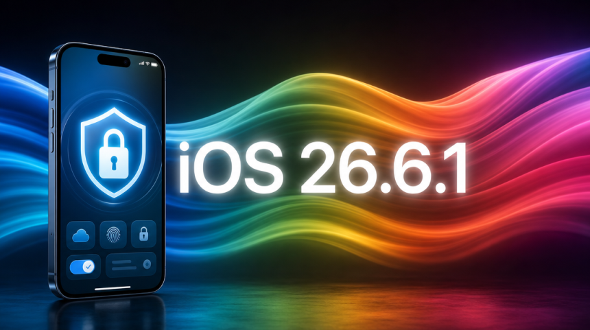 iPhone affichant un bouclier de sécurité avec cadenas, vagues colorées iOS, concept iOS 26.6.1