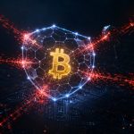 Symbole Bitcoin protégé par un bouclier numérique contre des attaques IA, concept illustrant le Bitcoin Red Team