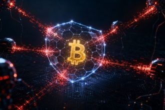Symbole Bitcoin protégé par un bouclier numérique contre des attaques IA, concept illustrant le Bitcoin Red Team
