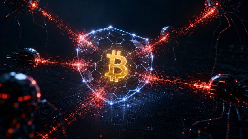 Symbole Bitcoin protégé par un bouclier numérique contre des attaques IA, concept illustrant le Bitcoin Red Team