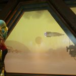 Fortnite × Star Wars Smuggler's Gambit, artwork officiel : un personnage stylisé dans un cockpit contemple le Millennium Falcon, scène du crossover Disney Epic Games