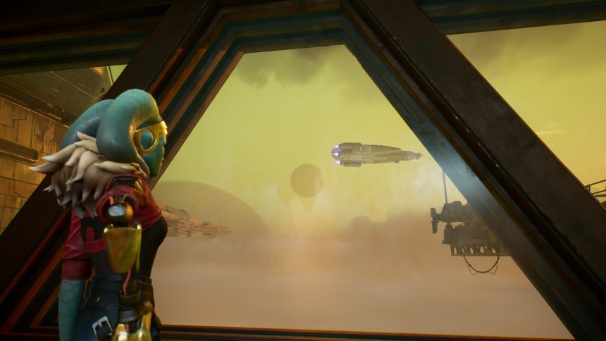 Fortnite × Star Wars Smuggler's Gambit, artwork officiel : un personnage stylisé dans un cockpit contemple le Millennium Falcon, scène du crossover Disney Epic Games