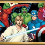 Star Wars/Marvel Hope Assembles, art officiel du crossover : Luke Skywalker aux côtés de Spider-Man, Hulk, Captain America et Scarlet Witch, logo 50 ans de Star Wars