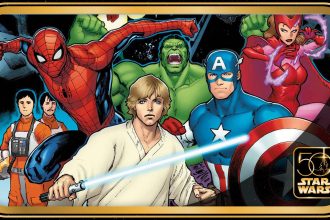 Star Wars/Marvel Hope Assembles, art officiel du crossover : Luke Skywalker aux côtés de Spider-Man, Hulk, Captain America et Scarlet Witch, logo 50 ans de Star Wars