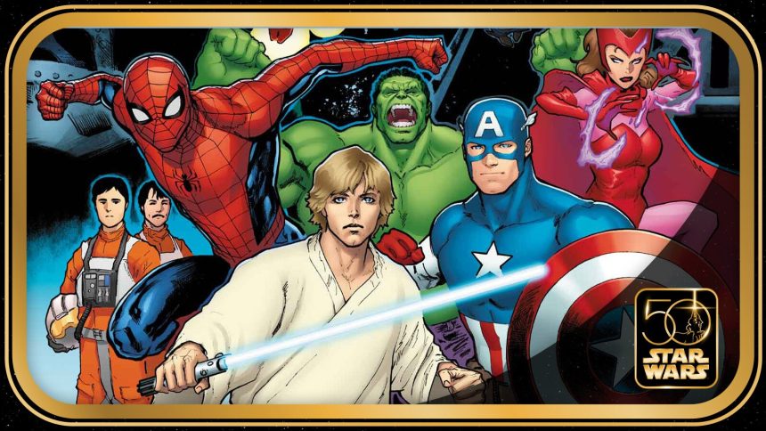 Star Wars/Marvel Hope Assembles, art officiel du crossover : Luke Skywalker aux côtés de Spider-Man, Hulk, Captain America et Scarlet Witch, logo 50 ans de Star Wars