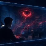 Concept illustration : un navigateur IA dont l'assistant est piraté par une faille zero-click, œil rouge menaçant au-dessus de l'utilisateur