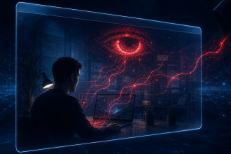 Concept illustration : un navigateur IA dont l'assistant est piraté par une faille zero-click, œil rouge menaçant au-dessus de l'utilisateur