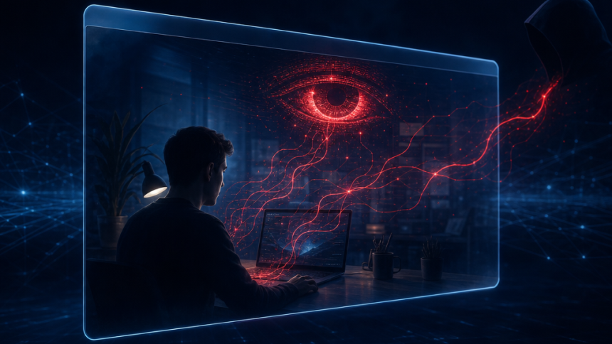 Concept illustration : un navigateur IA dont l'assistant est piraté par une faille zero-click, œil rouge menaçant au-dessus de l'utilisateur