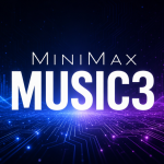 Logo MiniMax avec le nom du modèle Music3 sur fond techno abstrait sombre