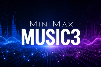 Logo MiniMax avec le nom du modèle Music3 sur fond techno abstrait sombre