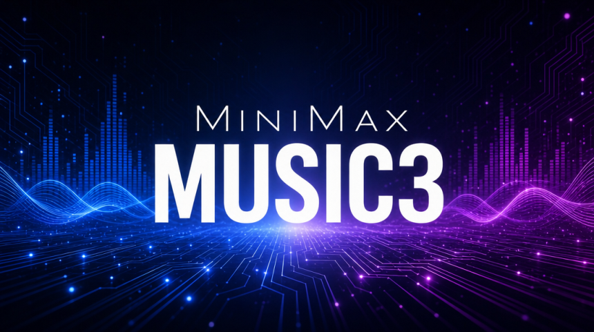 Logo MiniMax avec le nom du modèle Music3 sur fond techno abstrait sombre