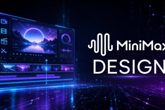 Logo MiniMax avec le nom du studio MiniMax Design sur fond techno abstrait sombre