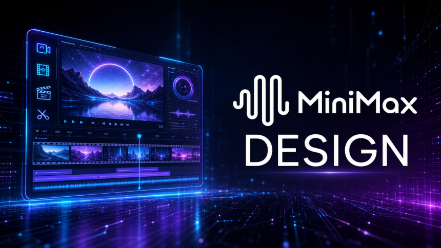 Logo MiniMax avec le nom du studio MiniMax Design sur fond techno abstrait sombre