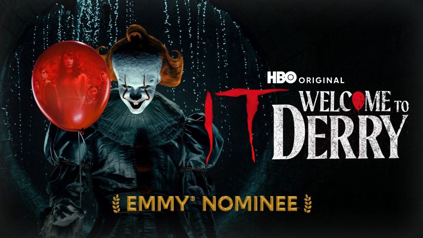 Key art officiel de la saison 2 de It: Welcome to Derry (HBO) : Pennywise tient un ballon rouge sur fond de sous-sol menaçant