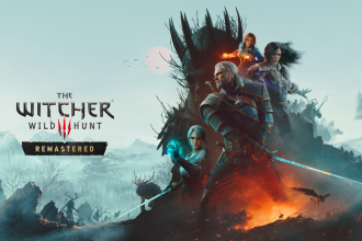Key art officiel de The Witcher 3 Wild Hunt Remastered montrant Geralt, Ciri, Yennefer et Triss