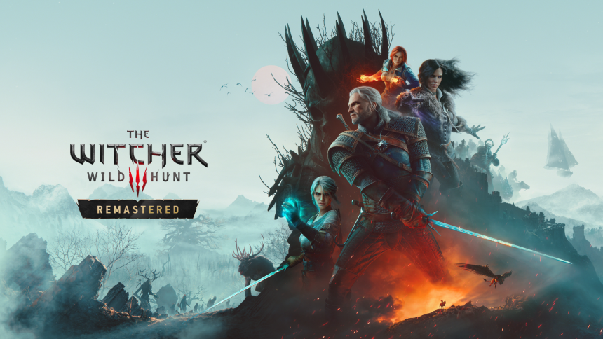 Key art officiel de The Witcher 3 Wild Hunt Remastered montrant Geralt, Ciri, Yennefer et Triss