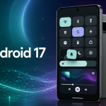Smartphone Pixel affichant le panneau Quick Settings d'Android 17 avec tuiles réorganisables, curseur de luminosité et lecteur multimédia, robot Android vert et mention Android 17 sur fond teal et violet