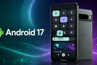 Smartphone Pixel affichant le panneau Quick Settings d'Android 17 avec tuiles réorganisables, curseur de luminosité et lecteur multimédia, robot Android vert et mention Android 17 sur fond teal et violet