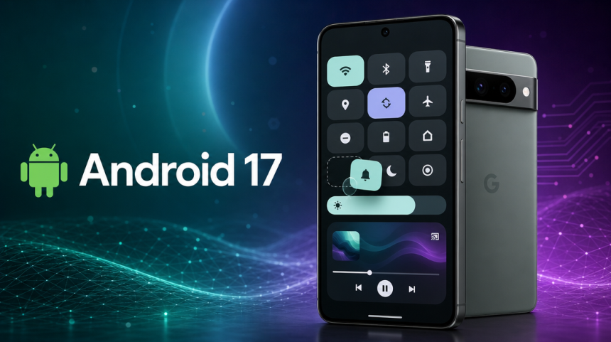 Smartphone Pixel affichant le panneau Quick Settings d'Android 17 avec tuiles réorganisables, curseur de luminosité et lecteur multimédia, robot Android vert et mention Android 17 sur fond teal et violet