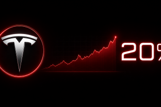 Concept : logo Tesla et figure 20 % sur fond sombre, Musk porte son pouvoir de vote chez Tesla à près de 20 %