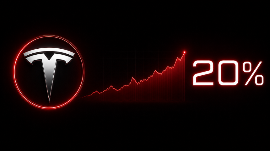 Concept : logo Tesla et figure 20 % sur fond sombre, Musk porte son pouvoir de vote chez Tesla à près de 20 %