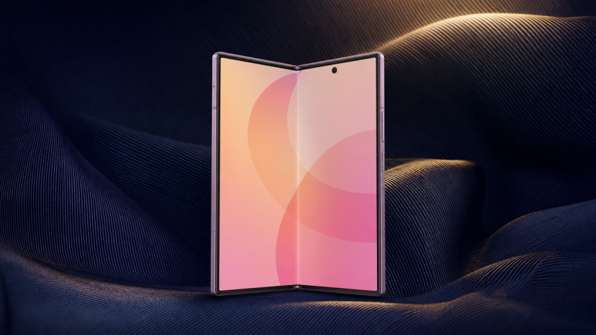 Galaxy Z Fold 8 Special Edition, rendu concept d'un pliable Samsung en édition haute couture sur fond de soie bleu nuit