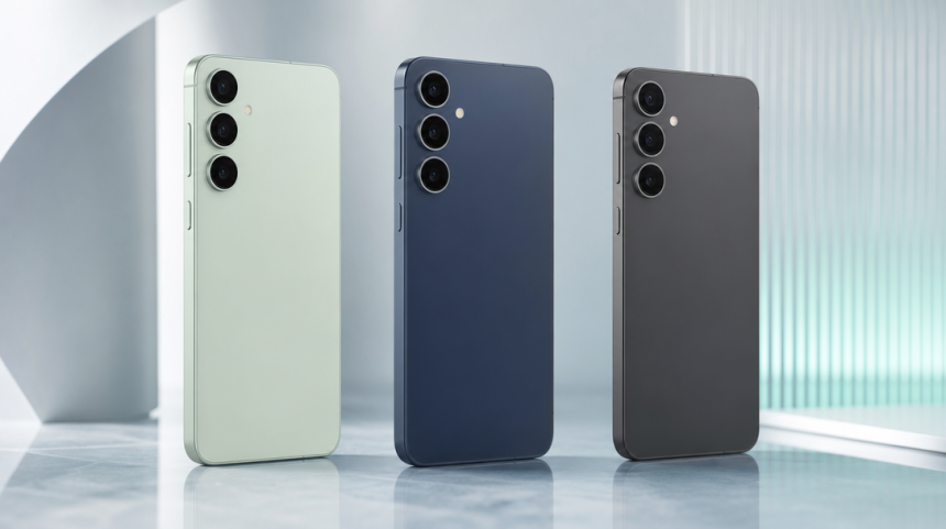 Samsung Galaxy S26 FE, rendu concept en trois coloris Pistachio, Blueberry et Graphite