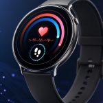 Concept Samsung Galaxy Aero, montre connectée à cadran rond sur fond tech bleu-violet, sans Wear OS