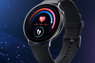 Concept Samsung Galaxy Aero, montre connectée à cadran rond sur fond tech bleu-violet, sans Wear OS