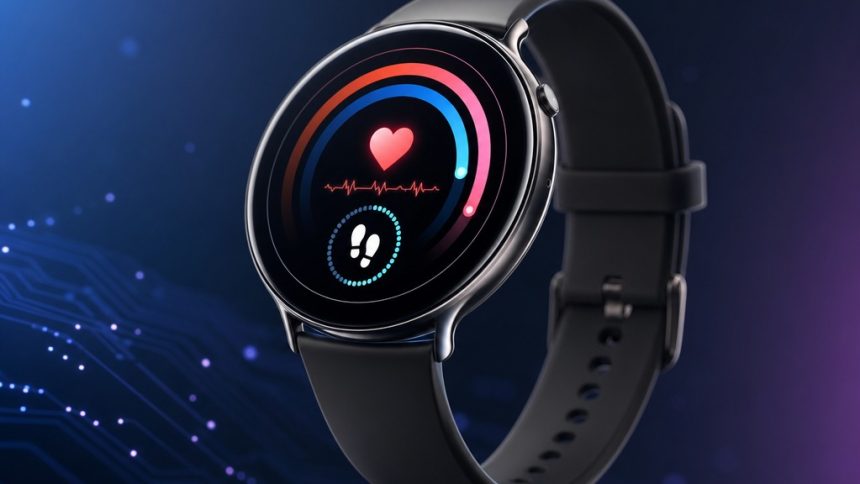 Concept Samsung Galaxy Aero, montre connectée à cadran rond sur fond tech bleu-violet, sans Wear OS