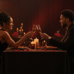 Couple en rendez-vous romantique à la lumière des bougies, ambiance cinématique pour le dating show Weight To Date