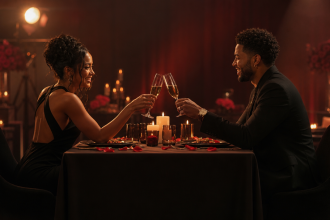 Couple en rendez-vous romantique à la lumière des bougies, ambiance cinématique pour le dating show Weight To Date