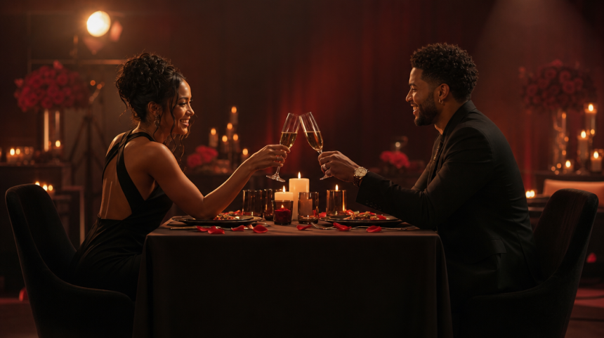 Couple en rendez-vous romantique à la lumière des bougies, ambiance cinématique pour le dating show Weight To Date