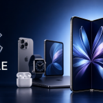 Panorama Apple automne 2026 : iPhone pliable en héros, entouré d'iPhone, Apple Watch, AirPods et MacBook, logo Apple avec le wordmark APPLE