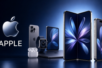 Panorama Apple automne 2026 : iPhone pliable en héros, entouré d'iPhone, Apple Watch, AirPods et MacBook, logo Apple avec le wordmark APPLE