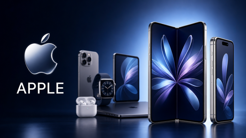 Panorama Apple automne 2026 : iPhone pliable en héros, entouré d'iPhone, Apple Watch, AirPods et MacBook, logo Apple avec le wordmark APPLE