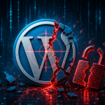 Concept cybersécurité : le logo WordPress fissuré et ciblé par un réticule rouge, cadenas brisé, illustrant cinq failles critiques (RCE et prise de contrôle) touchant des plugins et thèmes