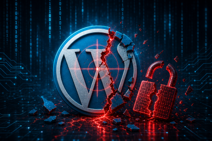 Concept cybersécurité : le logo WordPress fissuré et ciblé par un réticule rouge, cadenas brisé, illustrant cinq failles critiques (RCE et prise de contrôle) touchant des plugins et thèmes