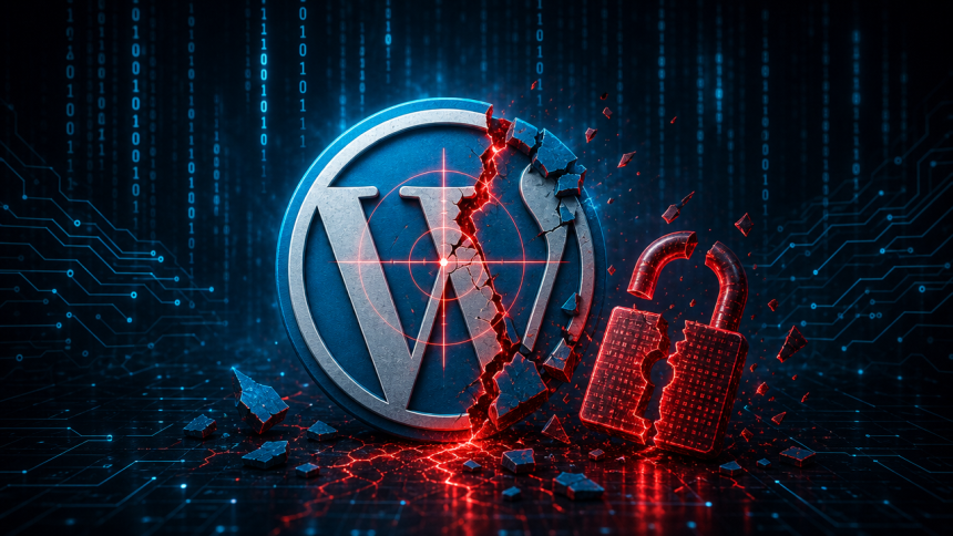 Concept cybersécurité : le logo WordPress fissuré et ciblé par un réticule rouge, cadenas brisé, illustrant cinq failles critiques (RCE et prise de contrôle) touchant des plugins et thèmes