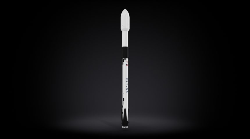 Rendu officiel de la fusée SpaceX Falcon 9 avec son logo, illustrant l'article sur l'étage supérieur qui s'est écrasé sur la Lune