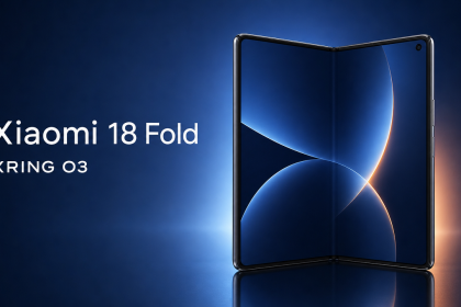 Xiaomi 18 Fold, smartphone pliable plié ouvert, concept visuel mettant en avant la puce maison Xring O3, premier foldable Xiaomi