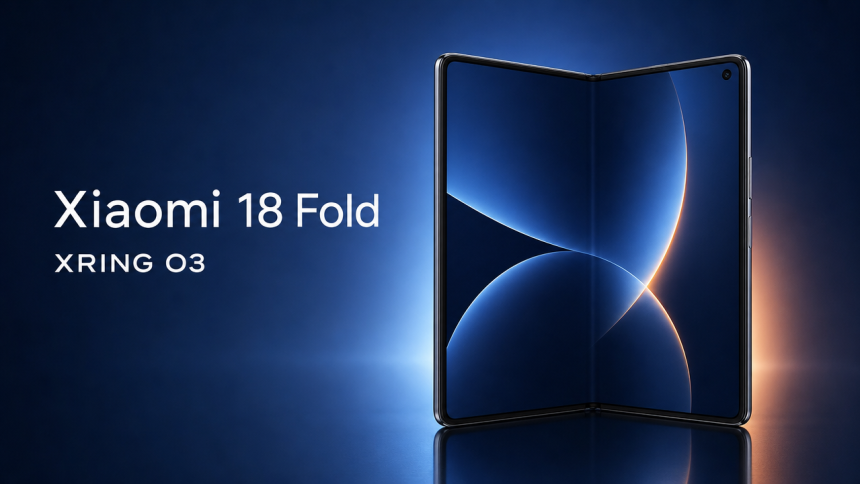 Xiaomi 18 Fold, smartphone pliable plié ouvert, concept visuel mettant en avant la puce maison Xring O3, premier foldable Xiaomi