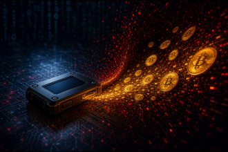 Hardware wallet générique dont les pièces bitcoin sont siphonnées, concept illustrant le hack Coldcard
