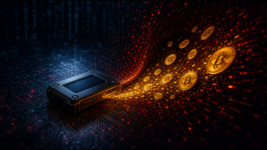 Hardware wallet générique dont les pièces bitcoin sont siphonnées, concept illustrant le hack Coldcard