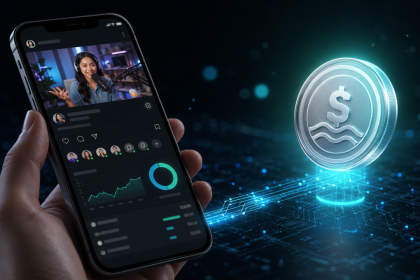 Créateur de contenu rémunéré en stablecoin USDC sur X, concept fintech blockchain