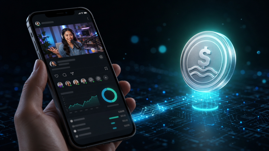 Créateur de contenu rémunéré en stablecoin USDC sur X, concept fintech blockchain