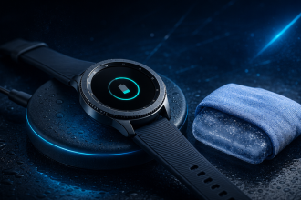 Galaxy Watch 9 sur son socle de charge sans fil avec un pack de glace, bug de surchauffe à la recharge