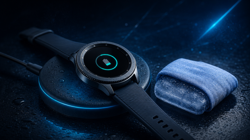 Galaxy Watch 9 sur son socle de charge sans fil avec un pack de glace, bug de surchauffe à la recharge