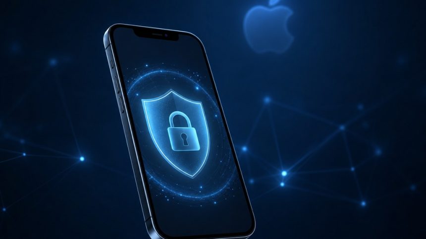 iPhone avec bouclier de sécurité iCloud Private Relay sur fond bleu nuit, concept